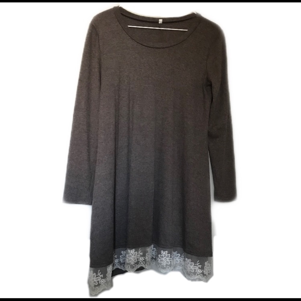 Brown TunicDress shirt lace panel front hem Size S
